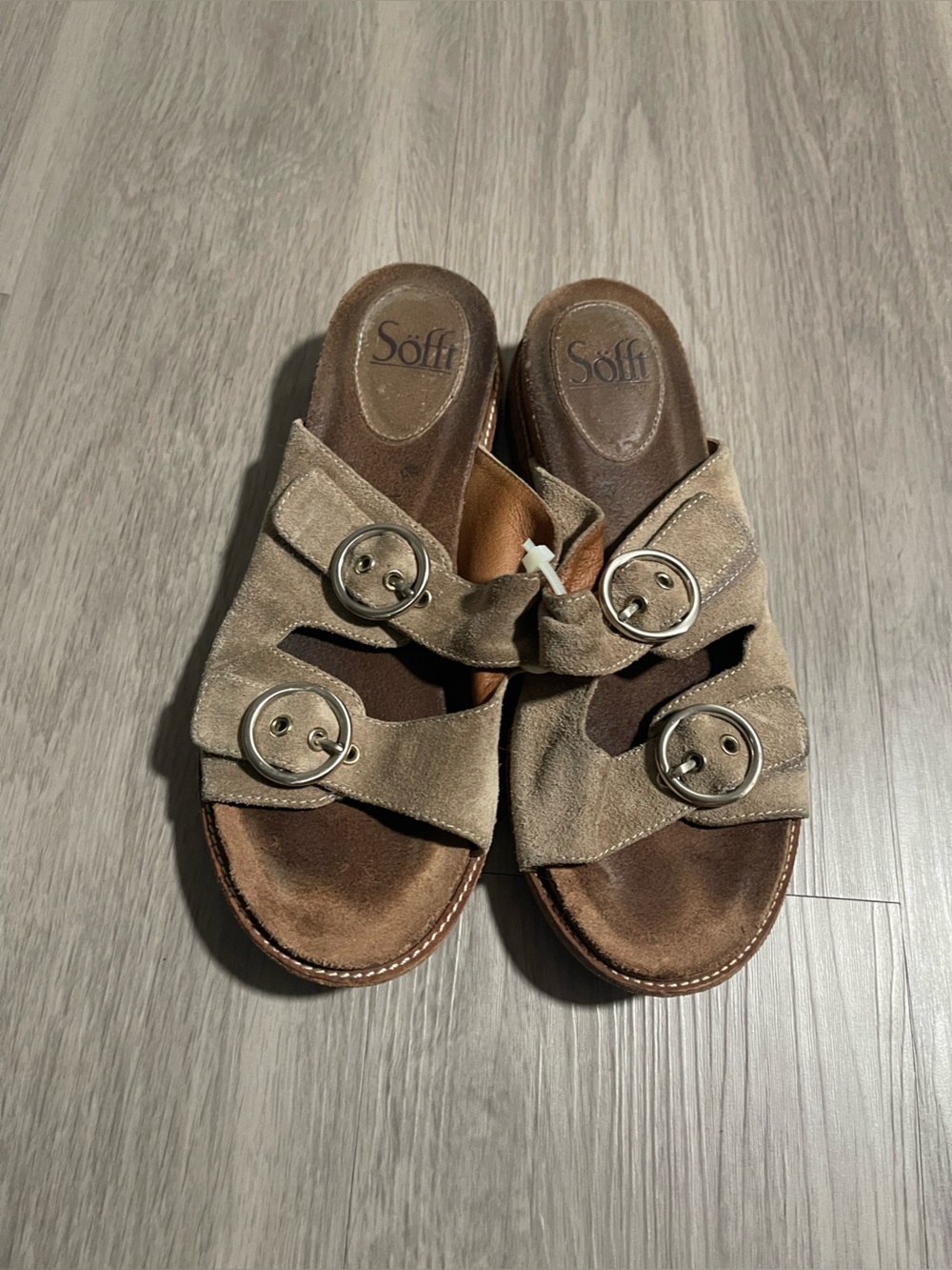 Sofft Taupe Suede Buckle Slide Mules